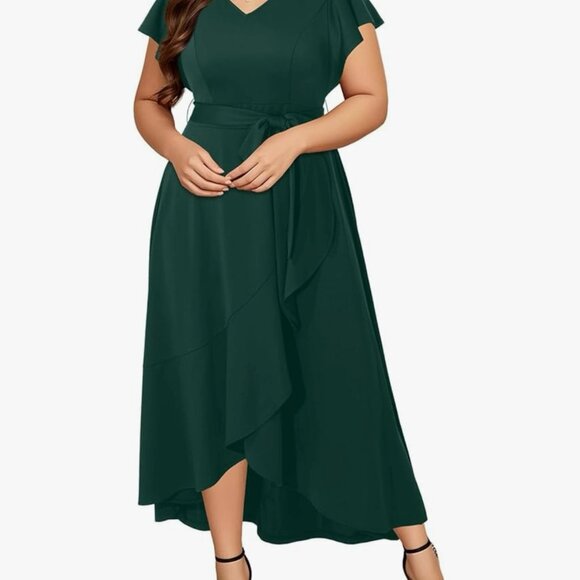 Women's Plus Size Formal Wedding Guest Dress with Ruffles V-Neck Long Low Party - Picture 14 of 16